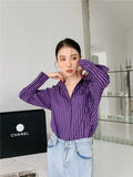 Purple Striped Baggy Shirt 2022 Fashion Women Long Sleeve Top Button Up Collared Shirt Blouse Shacket Ulzzang