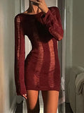 Backless Distressed Long Sleeve Party Mini Dress- Outfit