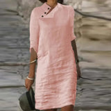 Solid Pullover Dresses Spring Cotton Linen Loose Medium Length Dress Retro Button Stand Collar Half Sleeve Commuter