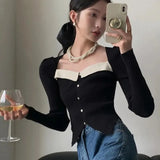 Vintage Knitted Sweater Women Square Collar Cropped Pullovers Korean Elegant Slim Knitwear Simple Patchwork Jumpers
