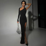 Spring Summer Women Elegant One Shoulder Diagonal Collar Long Evening Dress Sexy Black Red High Split Maxi Party