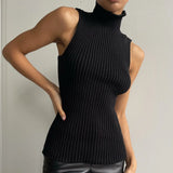 Women Knitted Turtleneck Causal Vest Chic Office Lady Sleeveless Slim Fit Ribbed Pullovers Tank Solid Streetwear