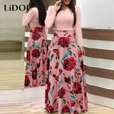 Winter 5XL Floral Print Patchwork Casual Fashion Maxi Dress Lady Long Sleeve Elegant All-match Robe Vestido Women
