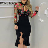 Floral Patterh Sheer Mesh Slit Dress Women Spring