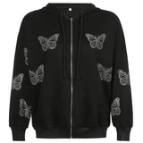 Street Retro American Rhinestone Hot Rhinestone Cross Jacket Black And White Cardigan Hooded Sweater Women's Pants Set