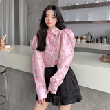 Y2K Printing Shirt Korean Sweet Puff Sleeve Crop Tops Fashion Turn Down Collar Long Sleeve All Match Harajuku Blouses