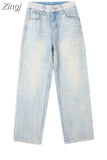Distressed Light Blue Straight Jeans High Waist Retro Women Pants Denim Zipper Fly Y2k Pantalones Wide Leg Jean