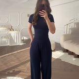 Summer New Women's Round Neck Solid Color Wide Leg Pants Commuting Leisure Suit
