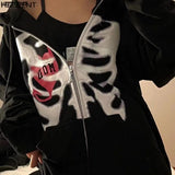 Gothic Streetwear Skeleton Print Oversize Hoddie Women Punk Harajuku Hip Hop Zipper Sweatshirt Female Mall Goth