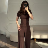 Summer New Women's Round Neck Solid Color Wide Leg Pants Temperament Commut Fashion
