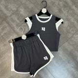 2022 Summer Sleeveless O Neck Print Letters Fake Two Piece Vest Tank Top High Waist Shorts Two Piece Set Outfits