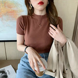 Summer Knitted Sweater Pullovers Short Sleeve Turtleneck Thin Sweater for Women Female Slim Jumper Office Lady