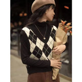 Y2K Knitted Vest Argyle Sweater Vest V Neck Sleeveless Jumper Preppy Style Plaid Knitted Pullover Autumn Winter