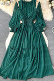 Vintage Purple/Green/Orange Women Draped Long Dress Elegant Ruffle Collar Hollow Out High Waist A-Line Vestidos