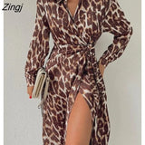 Elegant Fashion Leopard Print Dress for Women Summer Dresses 2022 New Lace-up Full Sleeve Casual Slit Lace-up Midi