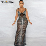 Sexy Black Mesh Crystal Patchwork Maxi Dress New Women Sleeveless See Through Bodycon Clubwear Long Dress