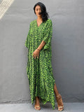 Leopard Self Belted Side Split Summer Beach Dress Long Tunic Women Clothes Plus Size Beachwear Maxi Dress