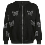 90s Streetwear Butterfly Print Rhinestone 2 Piece Tracksuits Y2K Fashion Oversized Zippper Hoodies Sweatpants Co-ord