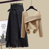 Women Sets Mesh Patchwork Slash Neck Tops + Asymmetric Skirt 2 Piece Suit Female Party Suits Elegant Casual Two Piece