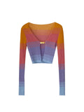 Long Sleeve T Shirt Women's Basic Korean Vintage Knitted Rainbow Stripe Crop Tops Femme High Street Casual Slim Tee