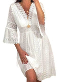 Lace Dress Women White Mini Dress Summer V Neck Sexy Hollow Out Short Sundress Flared Sleeve Lady Party