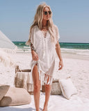 Queens Women White Beach Hollow Out Bohemian Mini Dress Short Sleeve Ladies V-neck Belt Tassel Boho Sundress