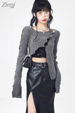 Hollow Out Irregular Cardigan Tshirts Crop Tops Slim Fit Women Knitted Y2k High Waist Sexy Elegant Short Length