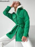 plaid Quilted Jacket Women Loose Thin Puffer Parkas Coat Vintage Belted Outwear Autumn Winter Ladies Oversize