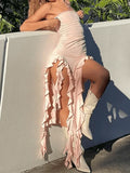 Irregular Ruffle Bandeau Maxi Dress- Outfit