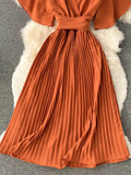 Women Purple/Red/Green Bandage Pleated Midi Dress Female Vintage V-Neck Short Sleeve High Waist A-Line Draped