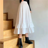 High Waist Pleated Skirt Women Loose Casual Teens School Girls Frill Ruffles Patchwork Long Midi Black White Goth