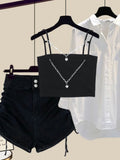 Women Streetwear Harajuku Y2k Outfits 3 PCS Sets Chain Vest+long Sleeve Sunscreen+wide Leg Hollow Out Denim Pant