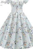 Dress Women Puff Sleeve Swing Vintage Dresses Robe Femme Elegant Floral Print Pin Up Party Dresses