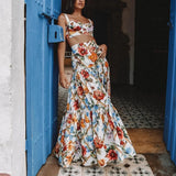 Queens Women Floral Print Two Piece Outfits Ruffles Sleeveless Tops Bohemian Maxi Skirts 2 Pieces Boho