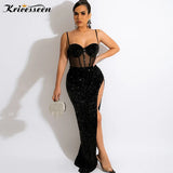 Sexy Black Sequined Mesh Patchwork High Slit Maxi Dress Women Strap Sleeveless Bodycon Night Clubwear Long