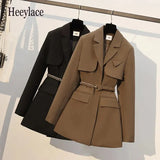 Women Clothing Autumn Winter Office Ladies Elegant Solid Jacket Women Long Sleeve High Waist Metal Belt Blazer