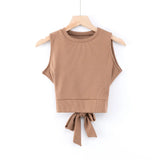 Summer Sleeveless Knitted Tops Solid Color Sports Tops Back Cross Bandage T-shirts