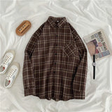 Women Plaid Shirts Loose Oversize Long Sleeve Button Up Fall Shirt Casual Pocket Female Tops Korean Black