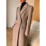 Vintage Long Wool Coat Women Elegant Blazer Woolen Jackets Korean Slim Suit Overcoat Winter Office Lady Simple Outwear