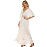 Queens Vintage Women Solid V-neck Short Butterfly Sleeve Ruffles Beach Maxi Dress Ladies Chiffon Lace Hollow Out