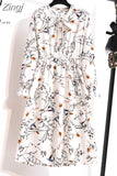 Women Casual Spring Autumn Dress Korean Style Vintage Floral Printed Shirt Dress Long Sleeve Elegant Bow Midi Summer