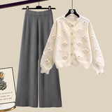 Winter Knit Sets Womens Outfits Korean Sweet Floral Knitted Cardigan And Wide Leg Pants Sets Ladies Elegant Knitting