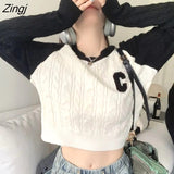 Streetwear Women Sexy Crop Y2k Tops Korean Harajuku Letter Sweaters Pullovers Autumn Winter Fashion Female Short