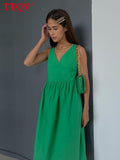 Summer V-Neck Green Women'S Dress 2022 Casual Loose Sleeveless Office Midi Dresses Elegant Classic Ruched Female