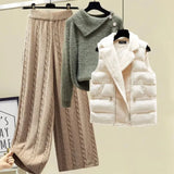 Warm 3 Piece Set Women Pullover Sweater + Wide Leg Pants +Lamb Wool Vest Outfits Knitted Suit Tracksuit Womens