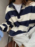 Vintage Polo Collar Striped Oversized Tee-Outfit