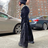 SUCHCUTE Gothic Black Women Wide Leg Pants Streetwear Bandage Chain Punk Baggy Trousers Harajuku Egirl Hight Waist Casual