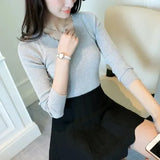 Autumn Long Sleeve Sweater Women Winter Spring Pullover Solid Black White Knitted Sweater Top Wave Cut V-neck Basic