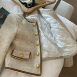 Vintage Cropped Blazer Women Korean Short Tweed Jacket Office Lady Elegant Thicken Quilted Single Breasted Outerwear