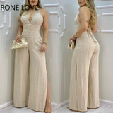 Women Jumpsuits Lace Trim Buttoned Backless Slit Jumpsuit V Neck